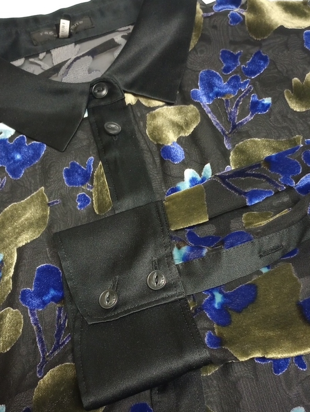 🆕💙RAG & BONE "GIGI" BLACK SILK BLEND SHEER BLOUSE BLUE FLORAL VELVET BURNOUT - Picture 10 of 13